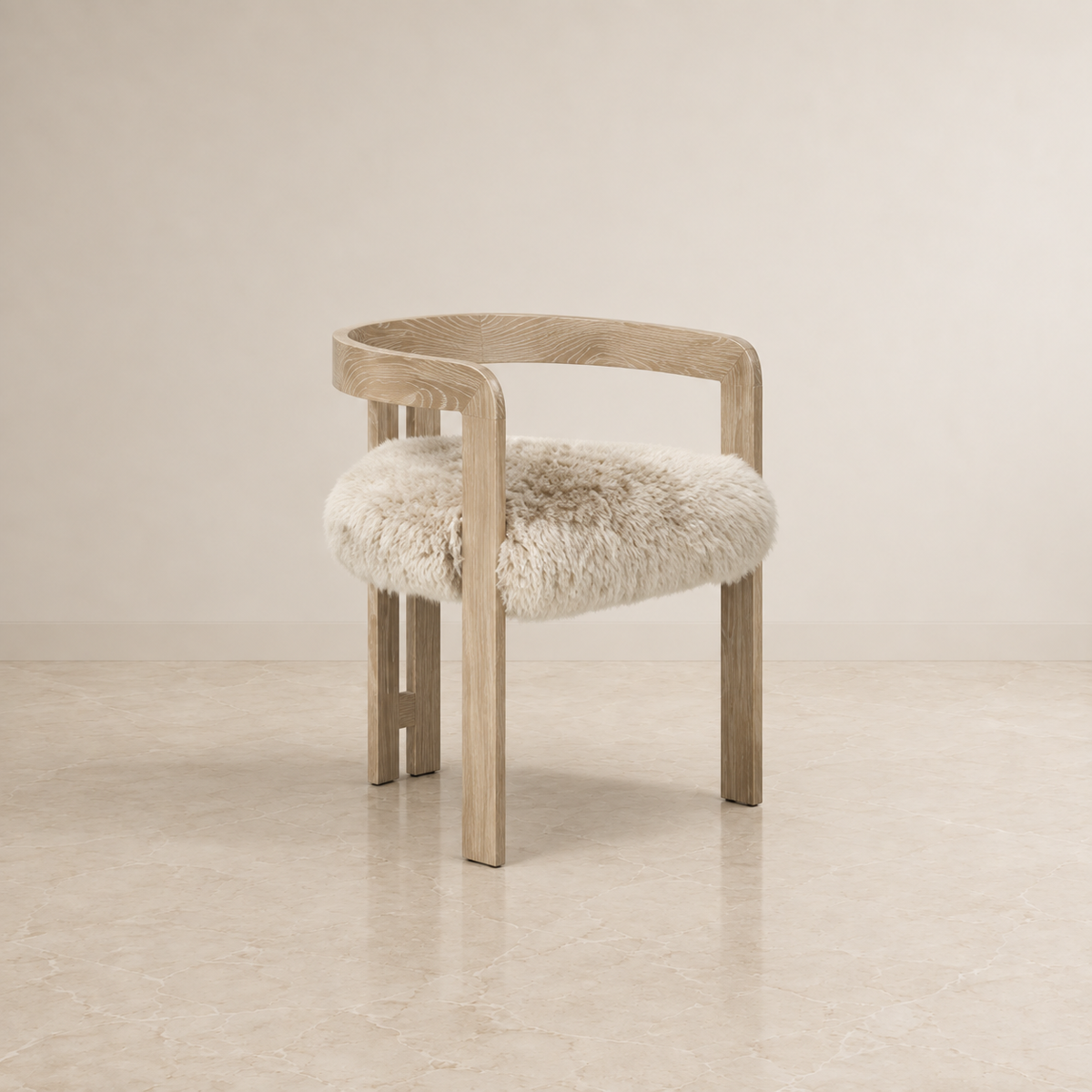 A modern wooden chair with a curved backrest and a fluffy cream sheepskin seat cushion, set against a minimalist beige wall and floor.