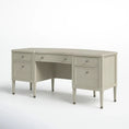 Load image into Gallery viewer, Beige solid wood executive desk with champagne finish, featuring multiple drawers and tapered legs on white background
