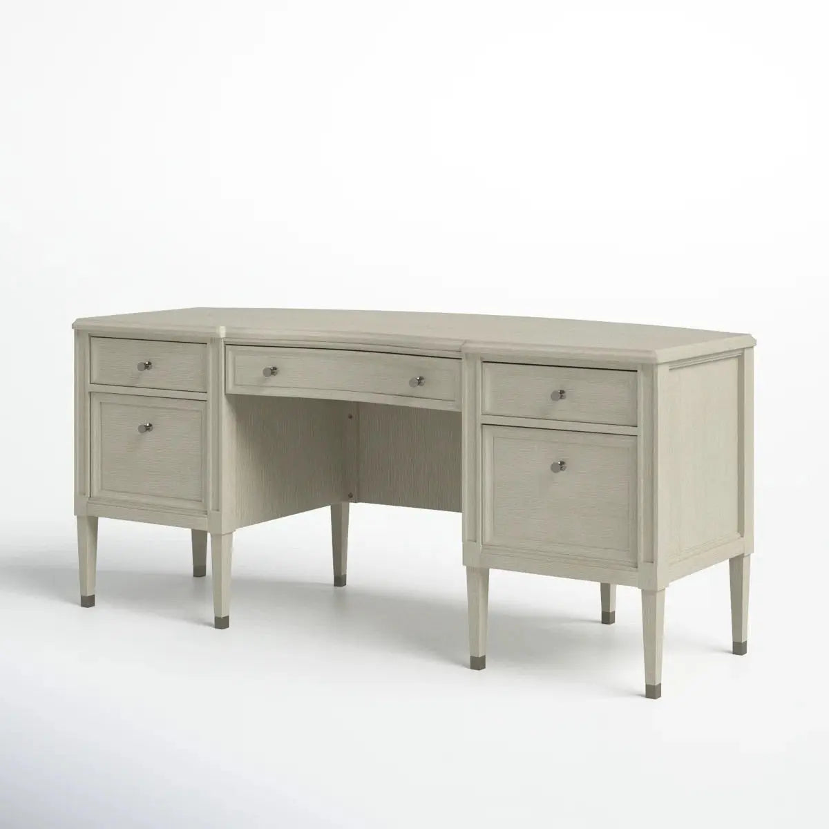 Beige solid wood executive desk with champagne finish, featuring multiple drawers and tapered legs on white background