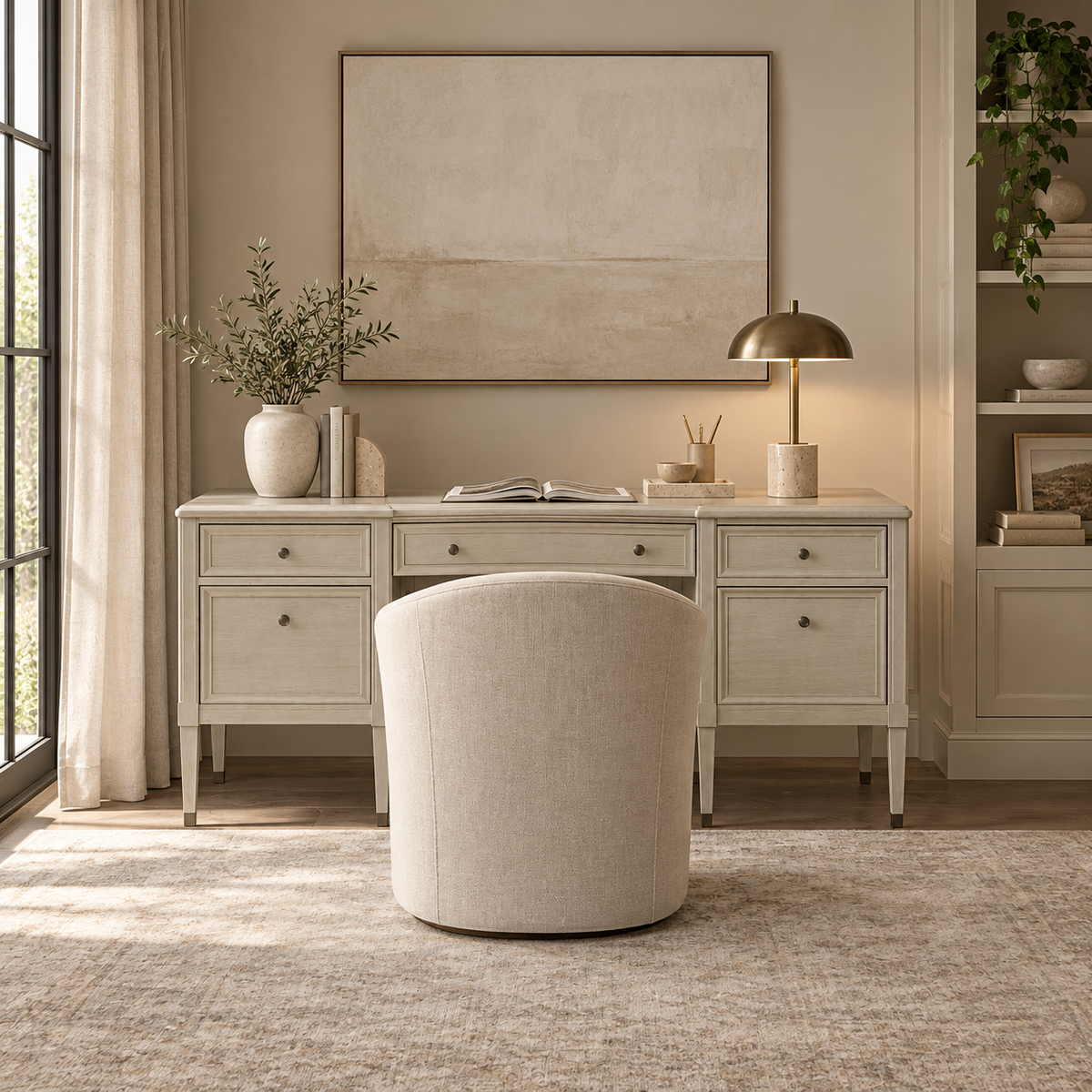 A styled home office scene featuring a light beige writing desk with six drawers, a matching upholstered barrel chair in front, a lit brass desk lamp, and a large abstract canvas painting hanging on the wall.