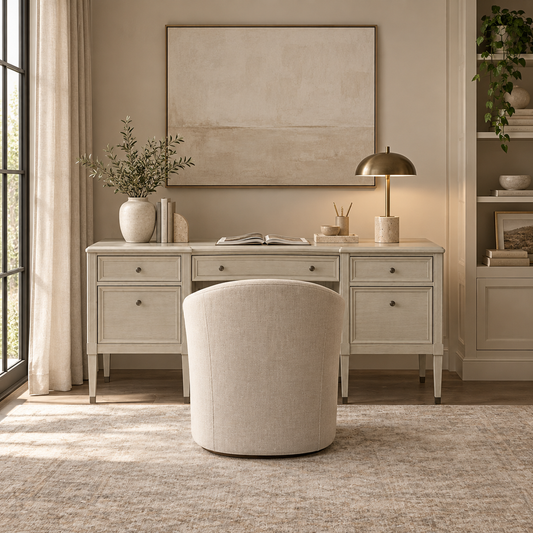 A styled home office scene featuring a light beige writing desk with six drawers, a matching upholstered barrel chair in front, a lit brass desk lamp, and a large abstract canvas painting hanging on the wall.