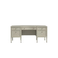 Load image into Gallery viewer, Beige wooden executive desk with five drawers and tapered legs on a white background
