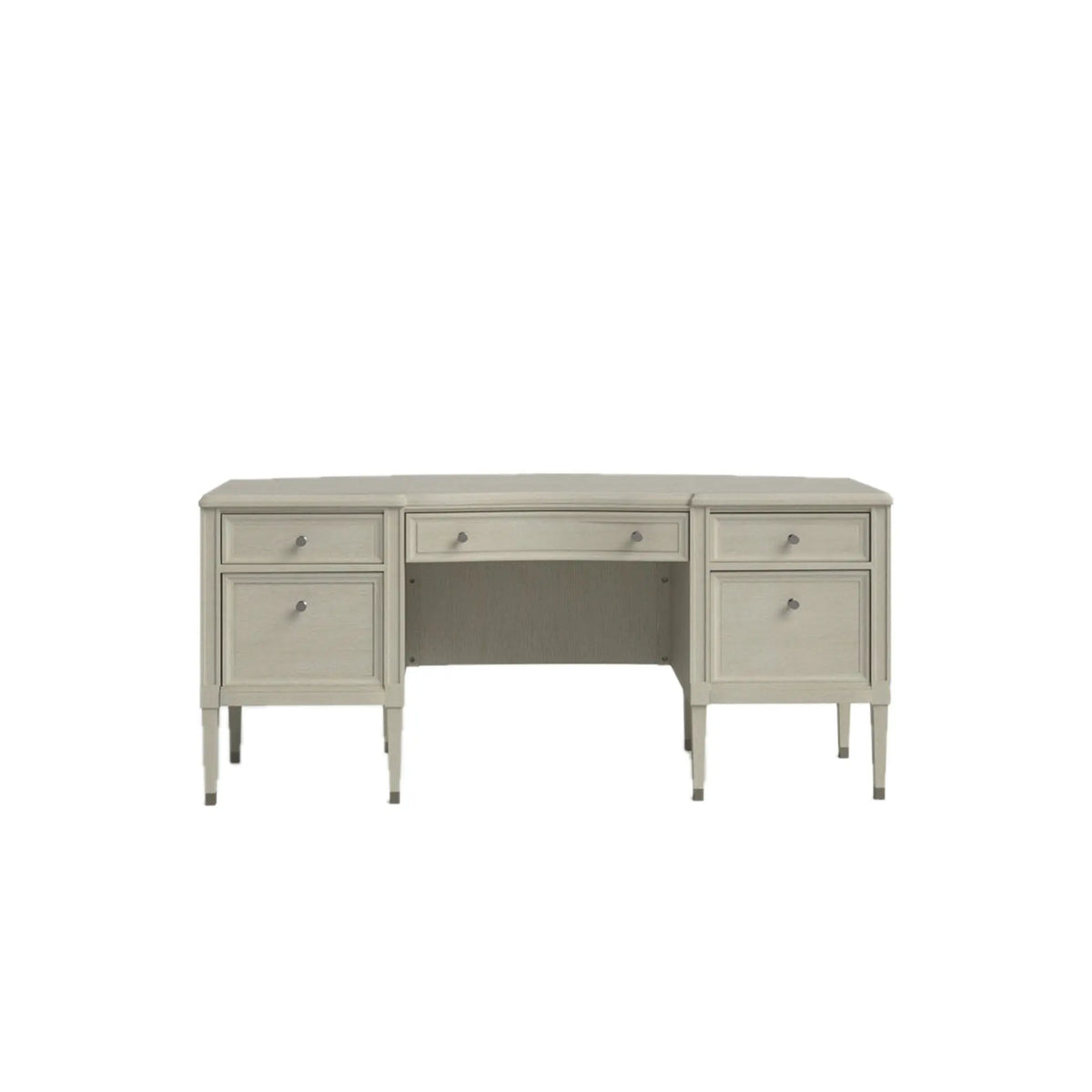 Beige wooden executive desk with five drawers and tapered legs on a white background