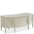Load image into Gallery viewer, Curved beige wooden executive desk with paneled front and tapered legs on a white background
