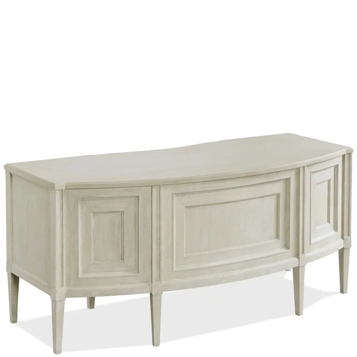 Curved beige wooden executive desk with paneled front and tapered legs on a white background