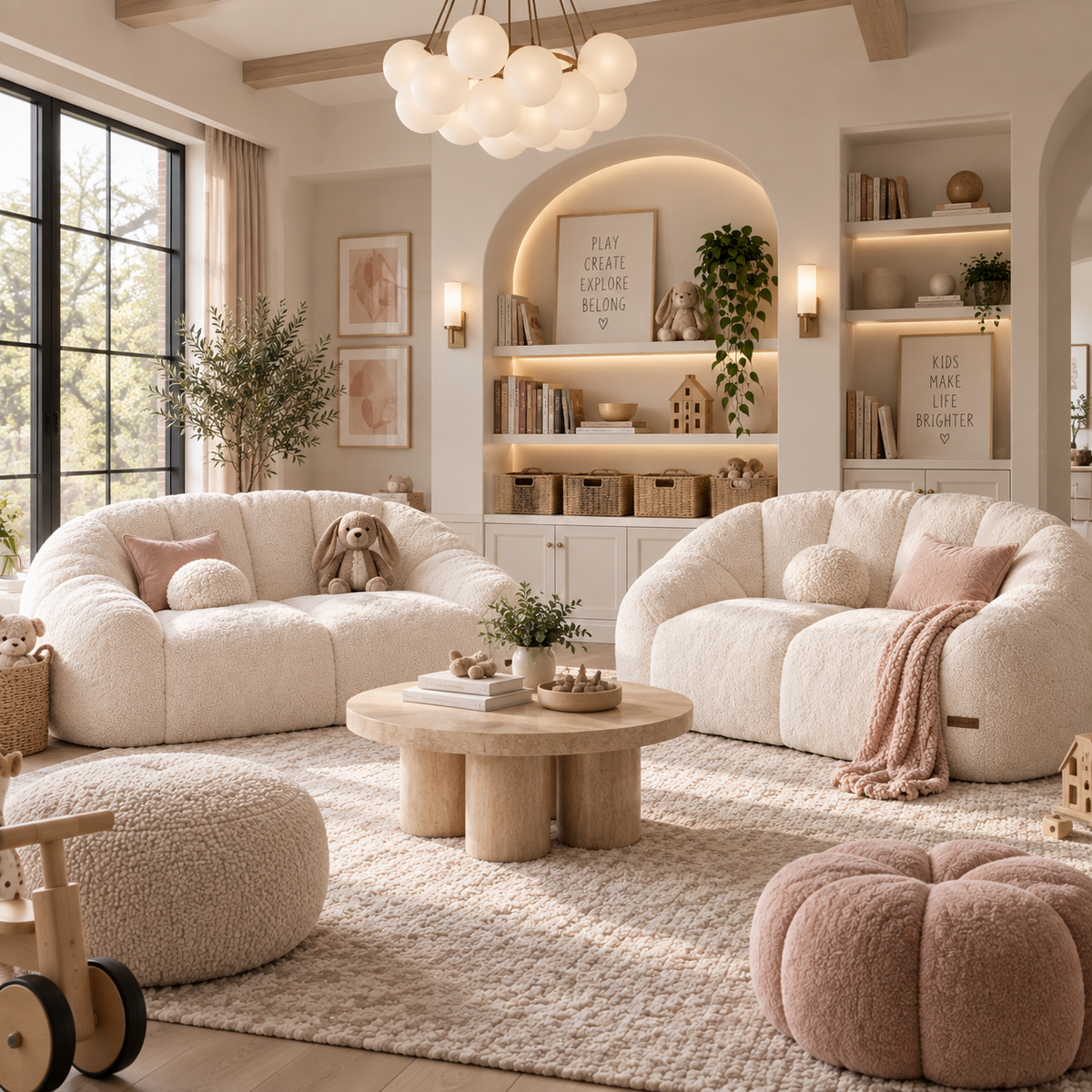 A styled children's playroom featuring two cream boucle sofas, a round wooden coffee table, a pink textured pouf, and a large beige shag rug. The room is decorated with warm lighting, built-in shelves, and framed nursery art.
