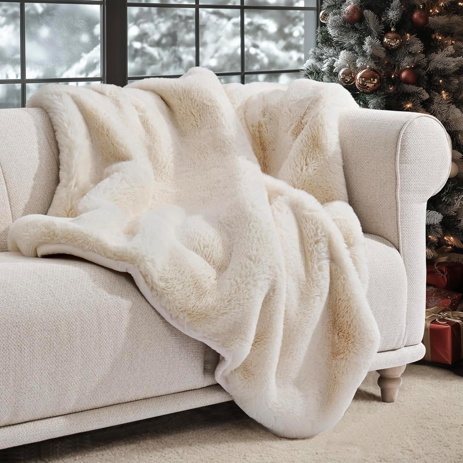 Luxury Soft Faux Chinchilla Fur Throw Blanket for Couch, Warm Thick Heavy Winter Throw Blanket 1220GSM for Bed, Fluffy Cozy Mink Blanket with Reversible Velvet, Arctic White, 60"X80"