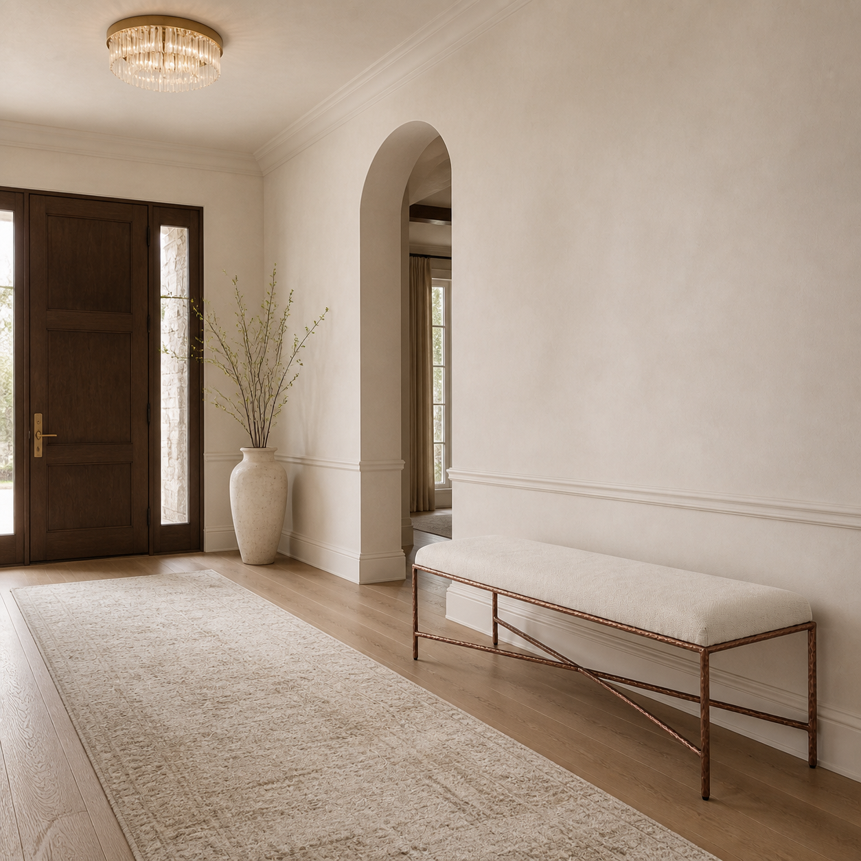 A styled entryway featuring a long cream rug, a white fabric bench with a copper-toned metal frame, a large white ceramic vase with dried branches, and a dark wood double door under a chandelier.