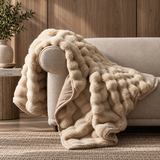 A chunky, textured faux-fur throw blanket in a warm cream/beige color, draped over the arm of a light beige sofa in a cozy, sunlit living room setting.