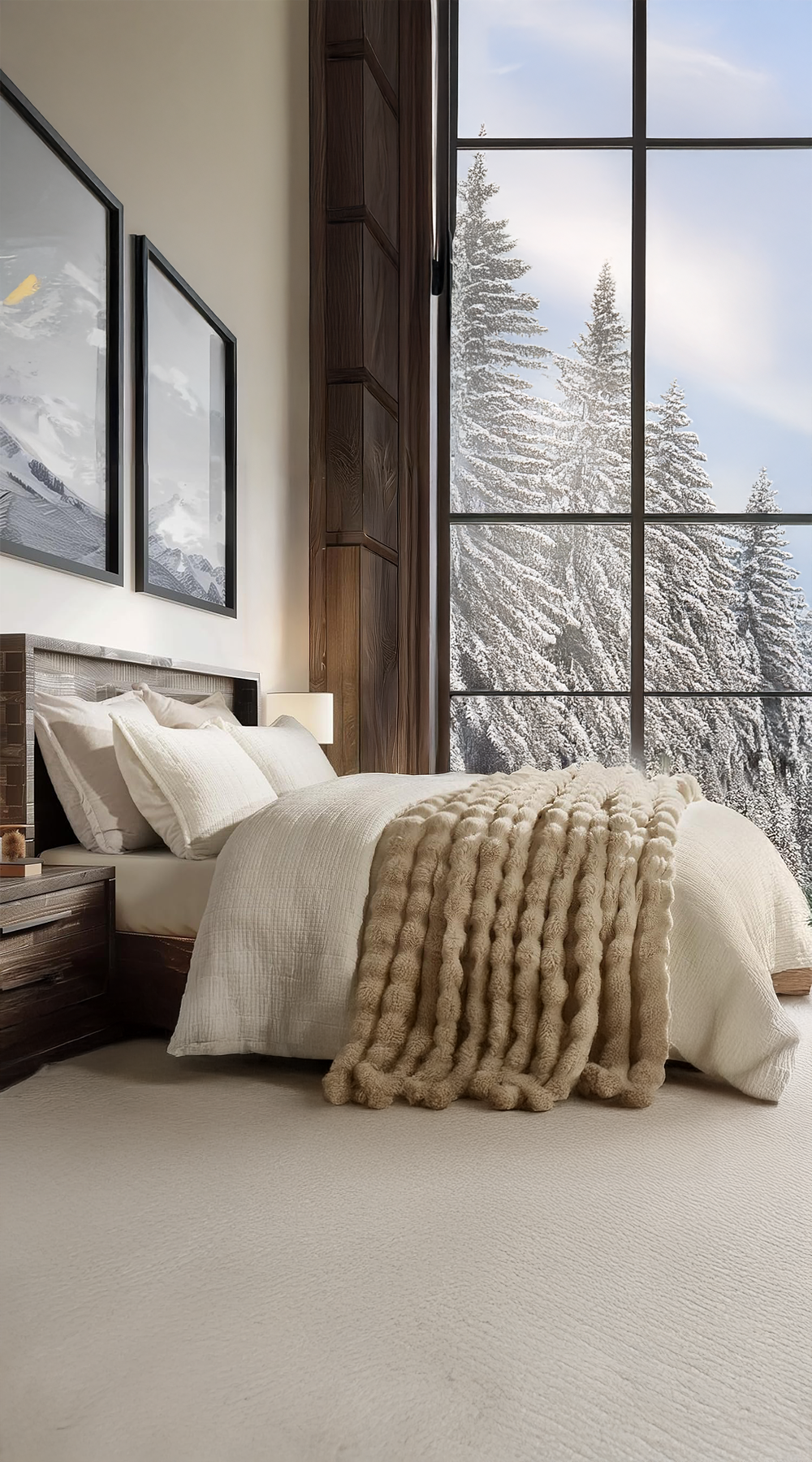 faux chinchilla throw on bed in a bedroom with high ceilings