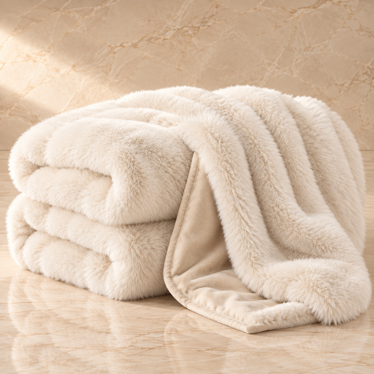 A folded plush faux fur throw blanket with a soft brushed texture and a smooth inner side, displayed on a warm beige marble surface and backdrop.