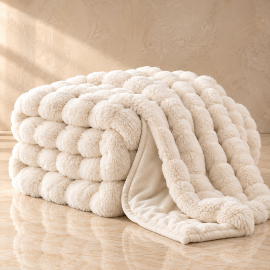 A chunky, oversized chenille throw blanket in a warm cream or off-white color, styled on a polished marble floor against a textured beige wall.