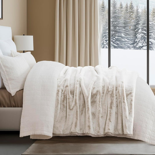 Faux Fur Throw in bedroom on top of the comforter