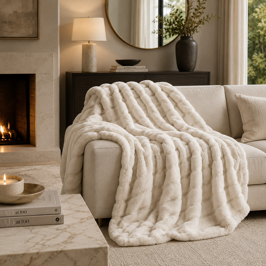 faux-fur throw blanket in cream is draped over a light beige sofa in a cozy, modern living room setting with a fireplace, lamp, and side table.