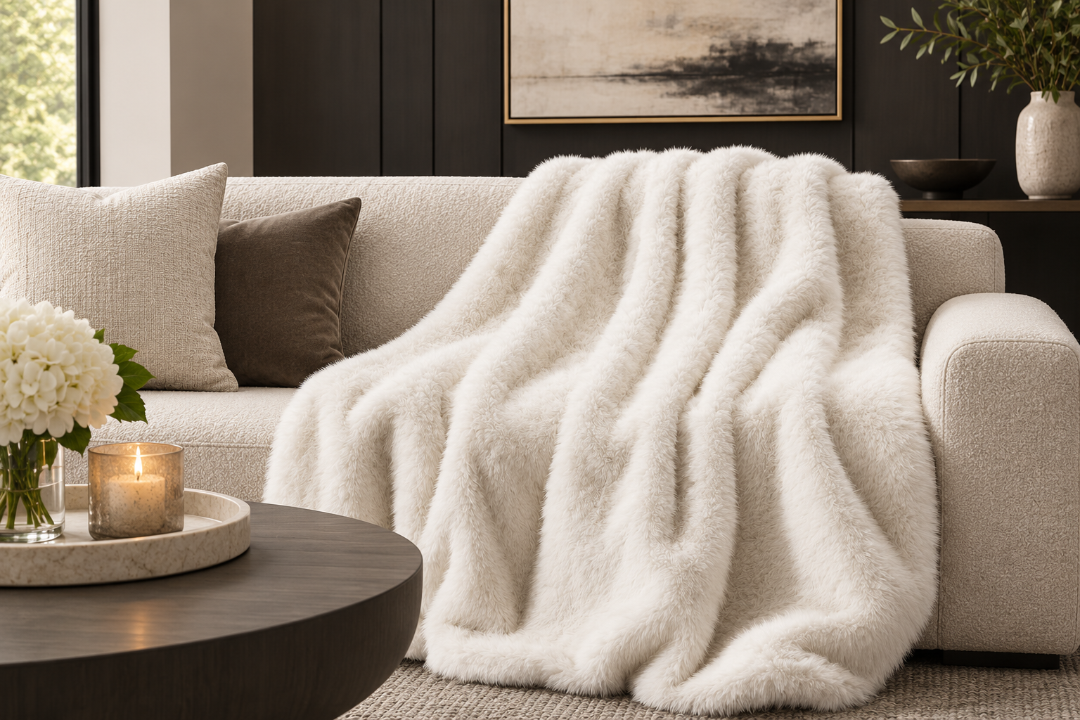 FAUX FUR THROW IVORY on sofa next to pillows and across from a coffee table with a candle on it