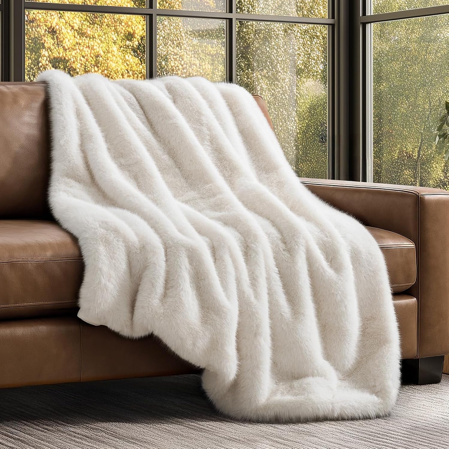 Luxury Faux Fur Throw on a brown leather sofa in the living room next to large windows