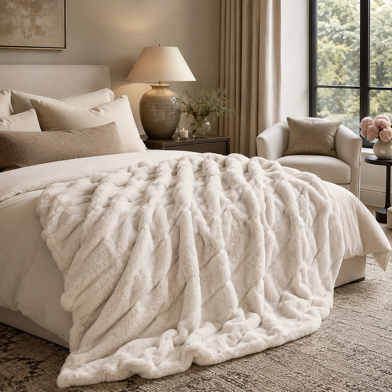 A plush cream faux fur throw blanket with a chunky textured, ribbed pattern draped over a bed in a beautifully styled, neutral-toned bedroom.