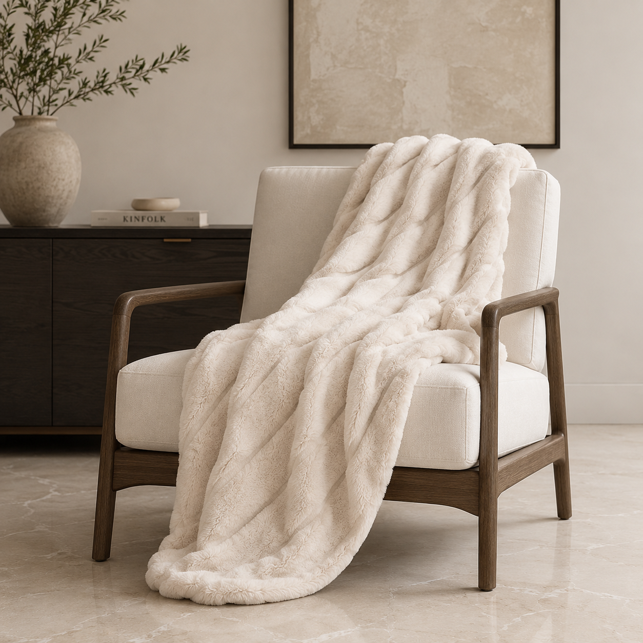 faux fur throw blanket is draped over a modern armchair in a styled living room setting.