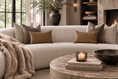 Load image into Gallery viewer, faux leather pillow with other pillows on a sofa across from coffee table with coffee books on it
