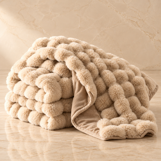 A plush, chunky knit throw blanket in a warm beige color, styled on a polished marble floor against a matching marble wall.
