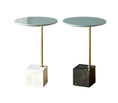 Load image into Gallery viewer, Two sleek and sophisticated MODERN SIDE TABLEs by House of Effy with gold stems. One has a white marble square base, and the other has a black marble square base, perfect for adding a touch of contemporary design to any room.
