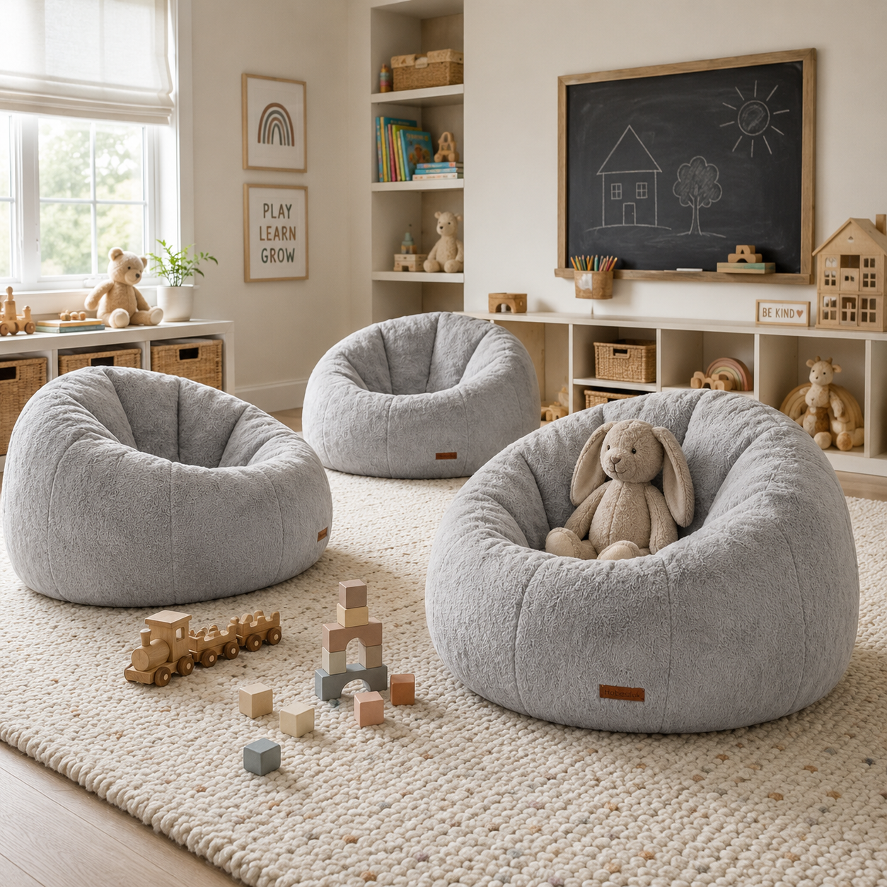Three plush light gray bean floor chairs arranged on a cream woven rug in a styled children's room. One chair holds a stuffed bunny toy, with wooden toys and shelves, books, and a chalkboard visible in the background.