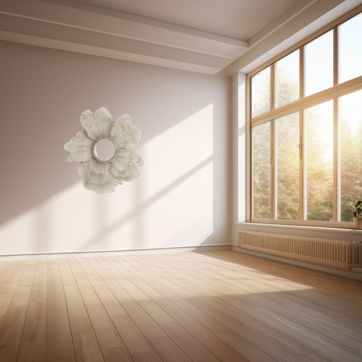 flower mirror on wall in room next windows