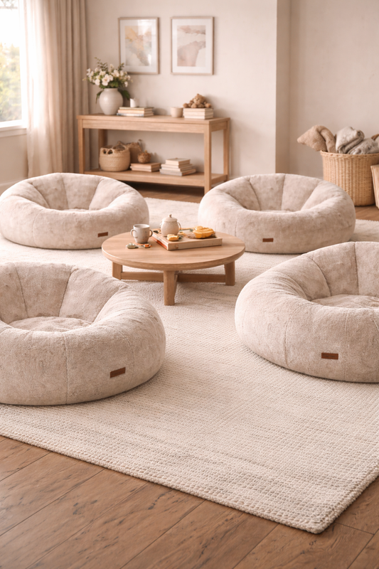 four sofa chairs on an area rug in a room with console table in background