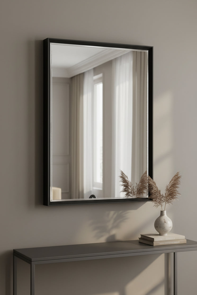 framed mirror above table with vase on it