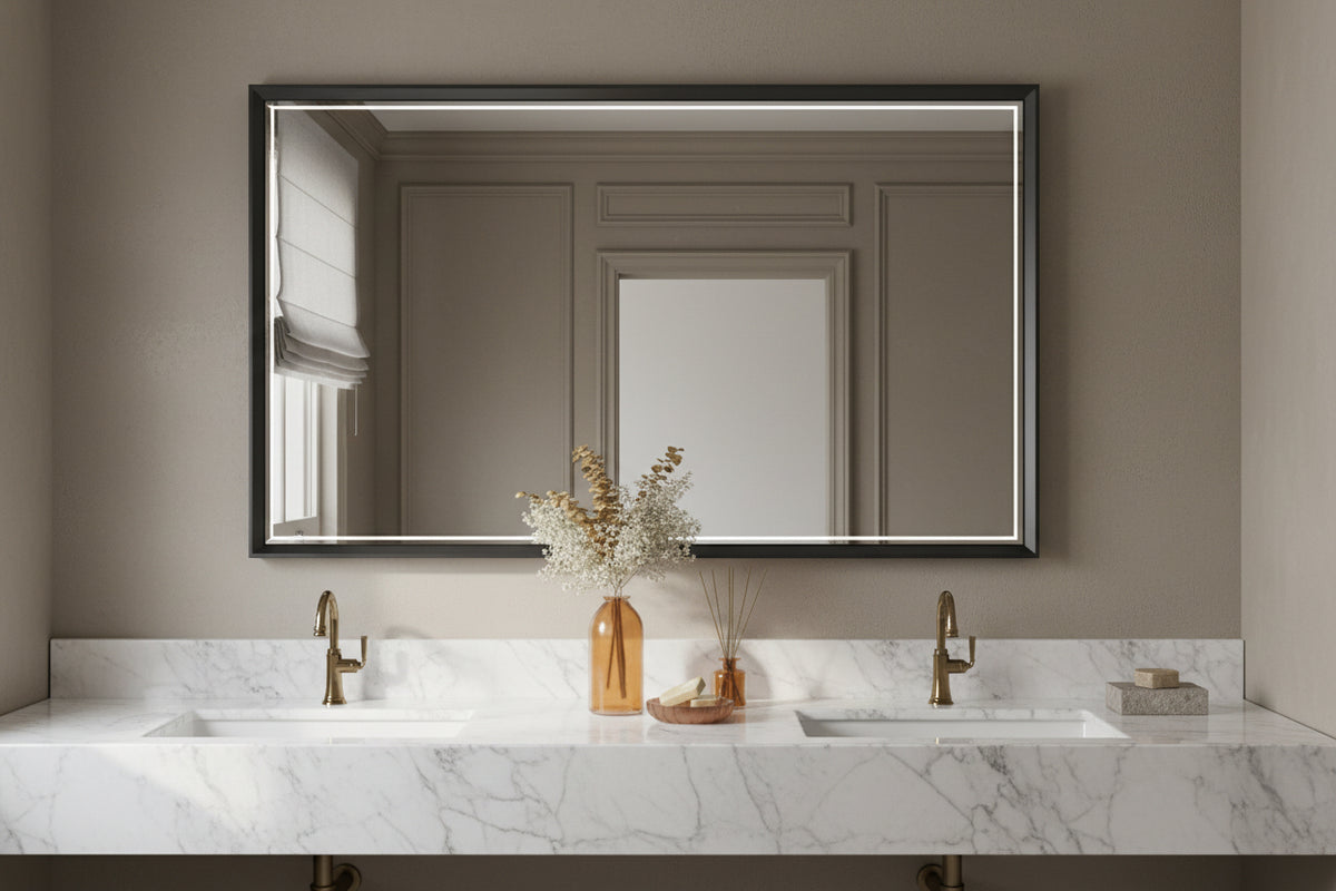 framed mirror in bathroom above sink