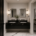 Load image into Gallery viewer, A modern bathroom vanity featuring a black floating cabinet with a black marble countertop, two white sinks, rectangular frameless mirrors, and vertical wall sconces. The room has warm off-white walls and a white marble floor with black veining.
