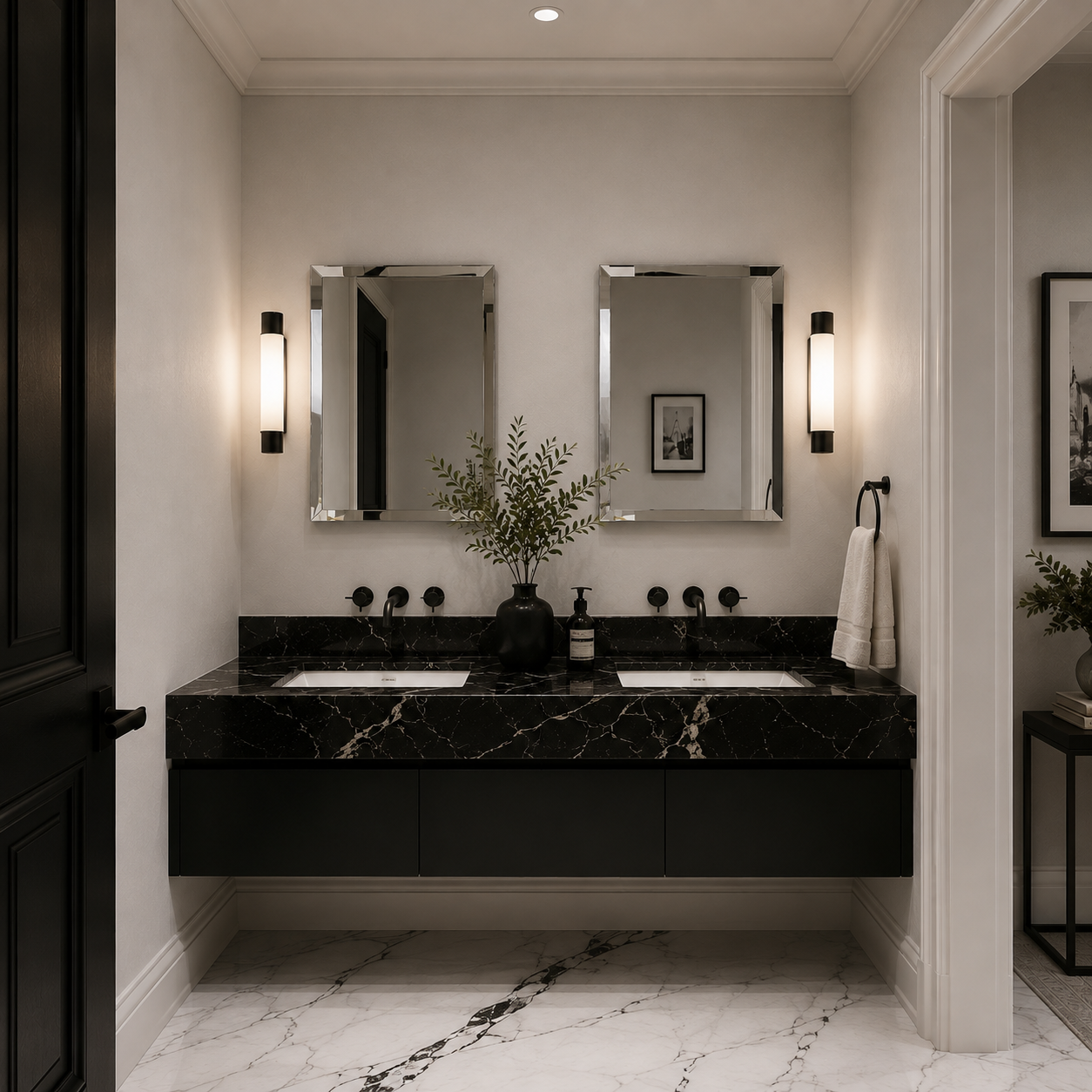 A modern bathroom vanity featuring a black floating cabinet with a black marble countertop, two white sinks, rectangular frameless mirrors, and vertical wall sconces. The room has warm off-white walls and a white marble floor with black veining.