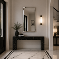 Load image into Gallery viewer, frameless mirror in foyer with faux plant and staircase in the bacground

