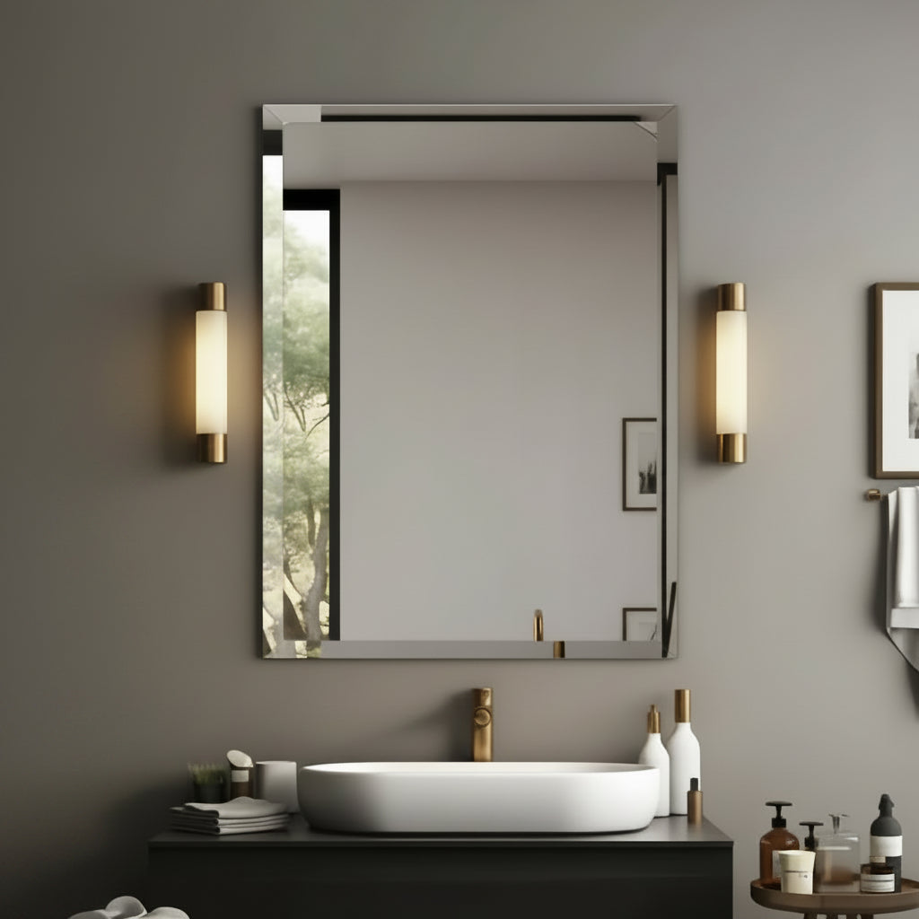 frameless mirror on wall in bathroom between 2 sconces
