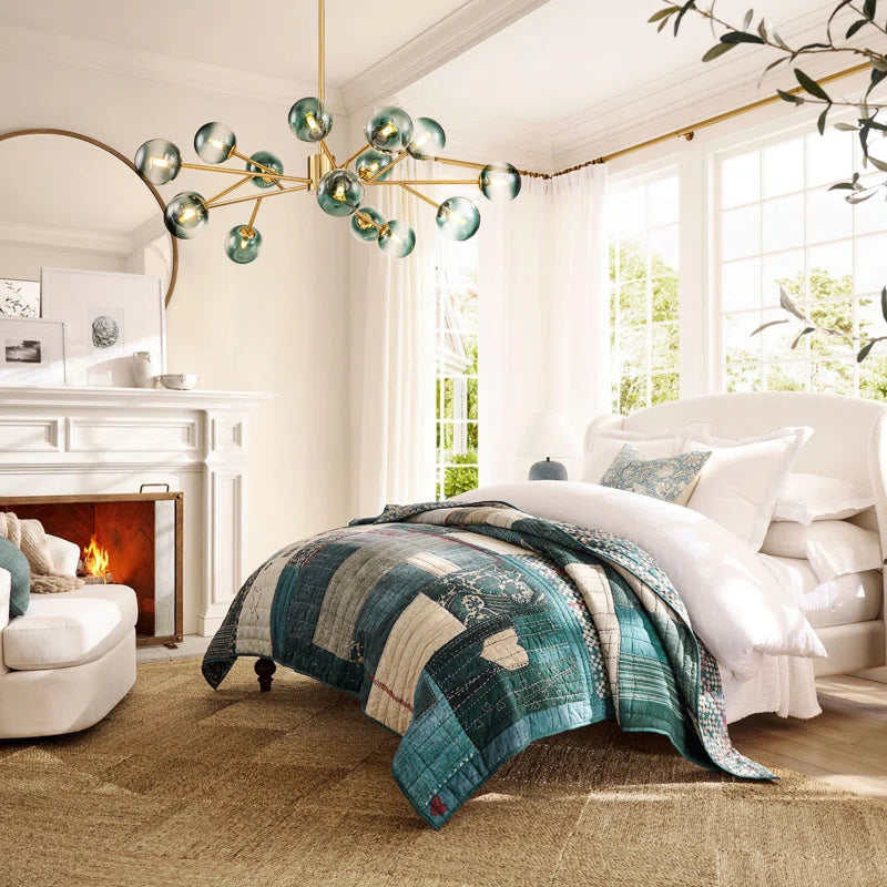 glass globe chandelier in bedroom hanging from ceiling