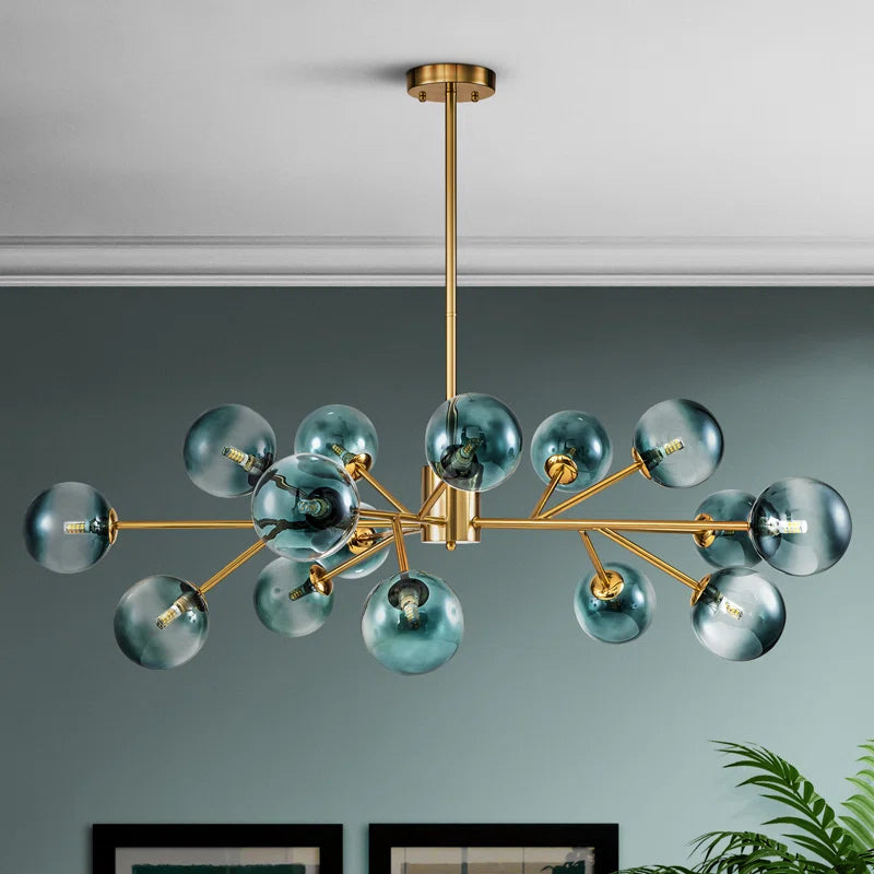 glass globe chandelier in room hanging from ceiling