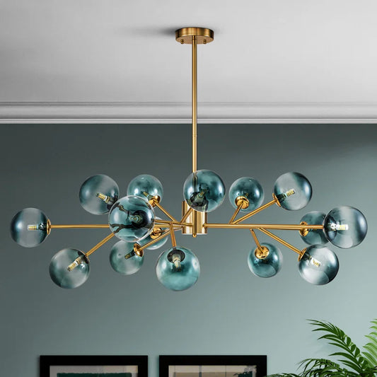 glass globe chandelier in room hanging from ceiling