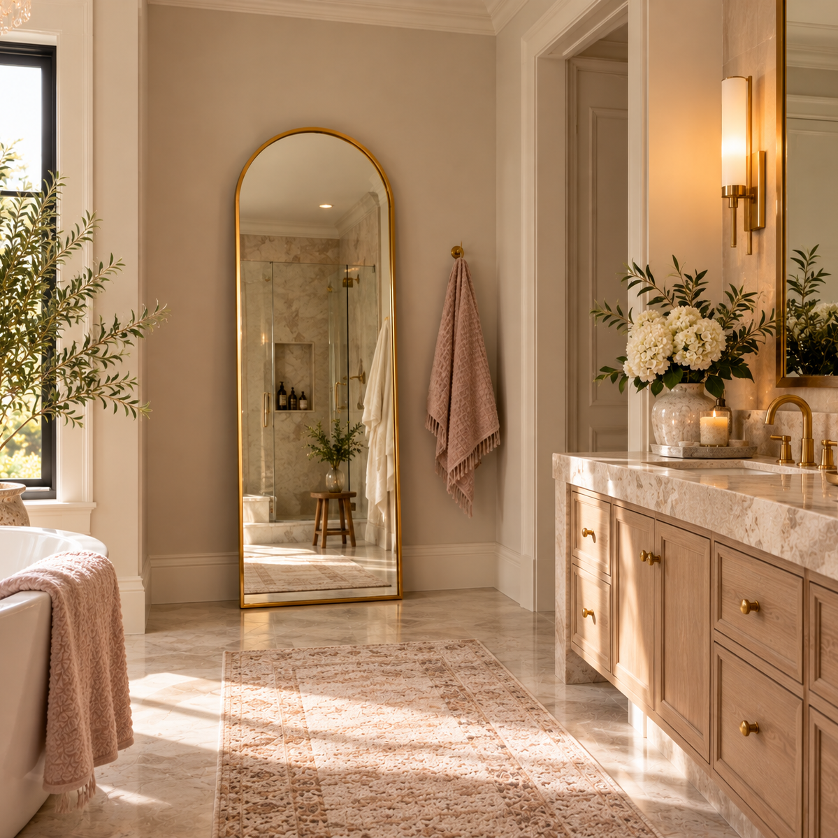 Gold arched mirror styled as a full-length floor mirror in an elegant bathroom