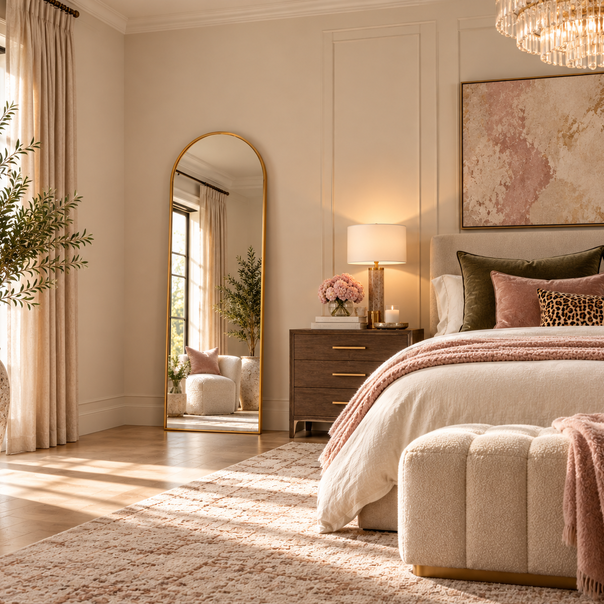 Gold arched mirror styled as a full-length floor mirror in a warm neutral bedroom