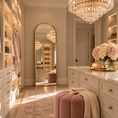 Load image into Gallery viewer, Gold arched mirror in a luxury walk-in dressing room with crystal chandelier
