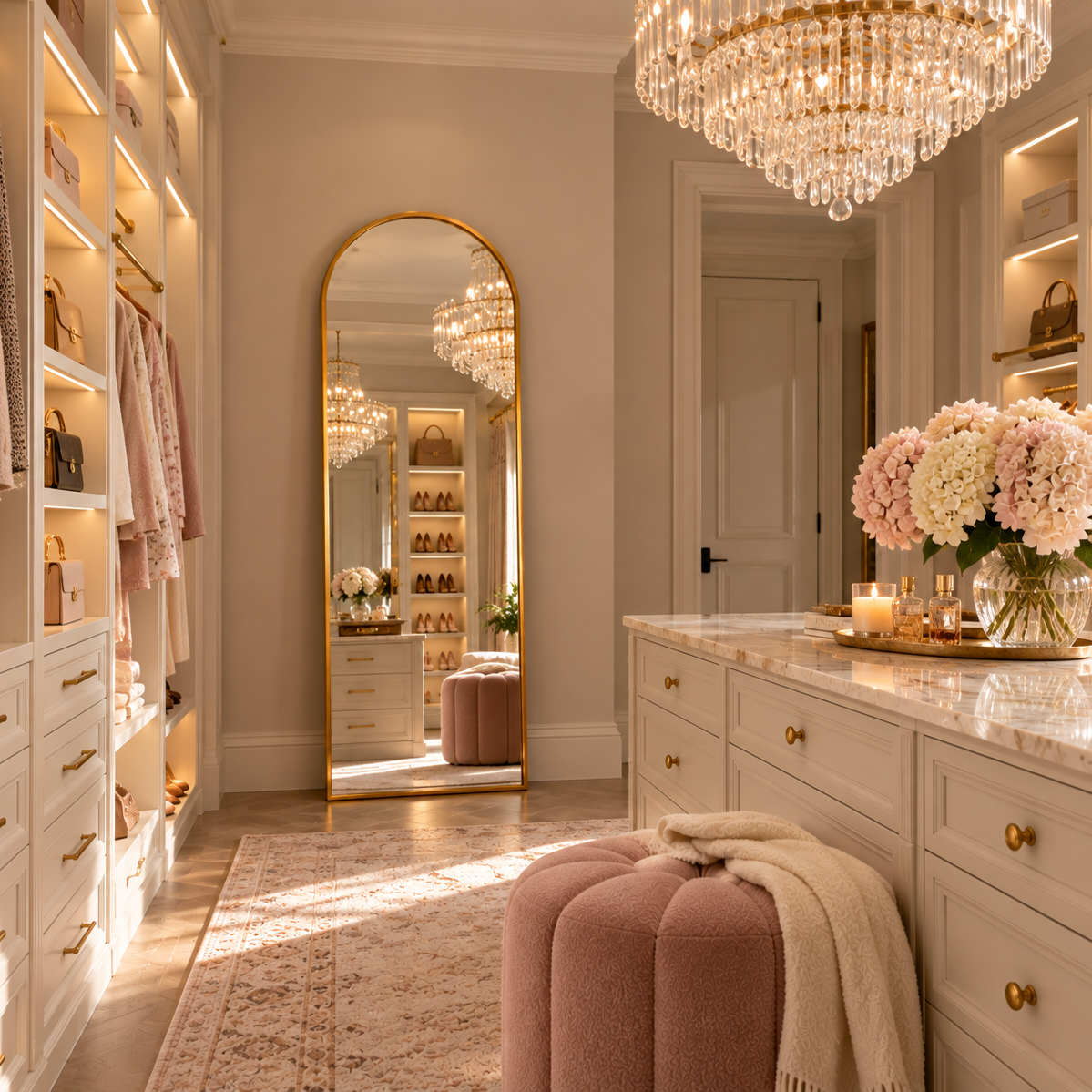 Gold arched mirror in a luxury walk-in dressing room with crystal chandelier