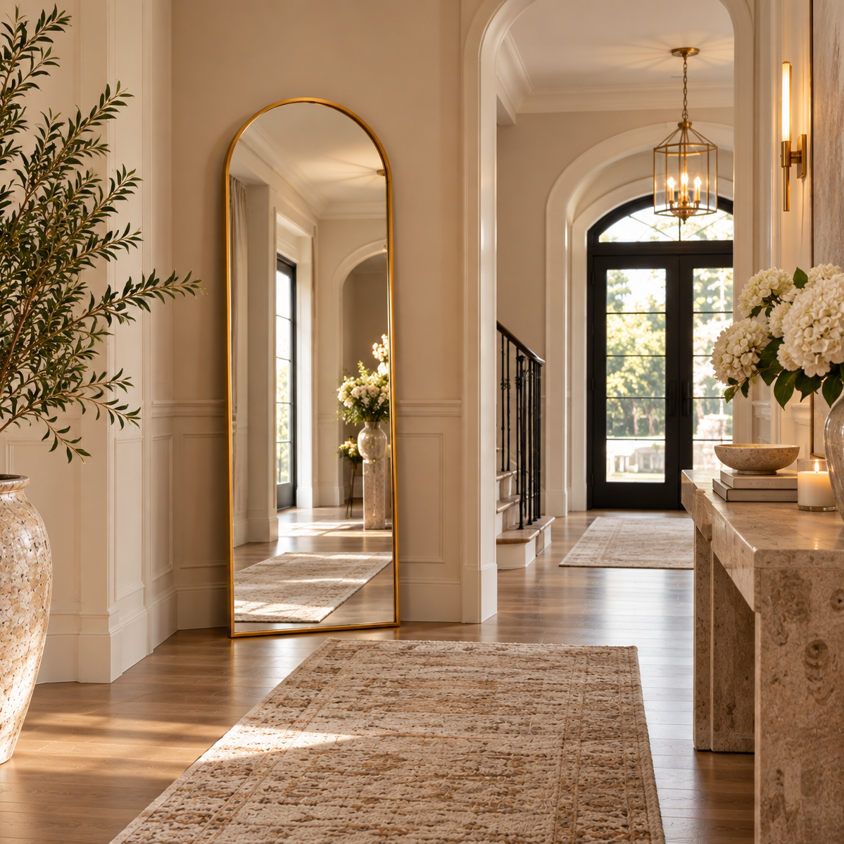 Gold arched mirror styled as a full-length floor mirror in an elegant entryway
