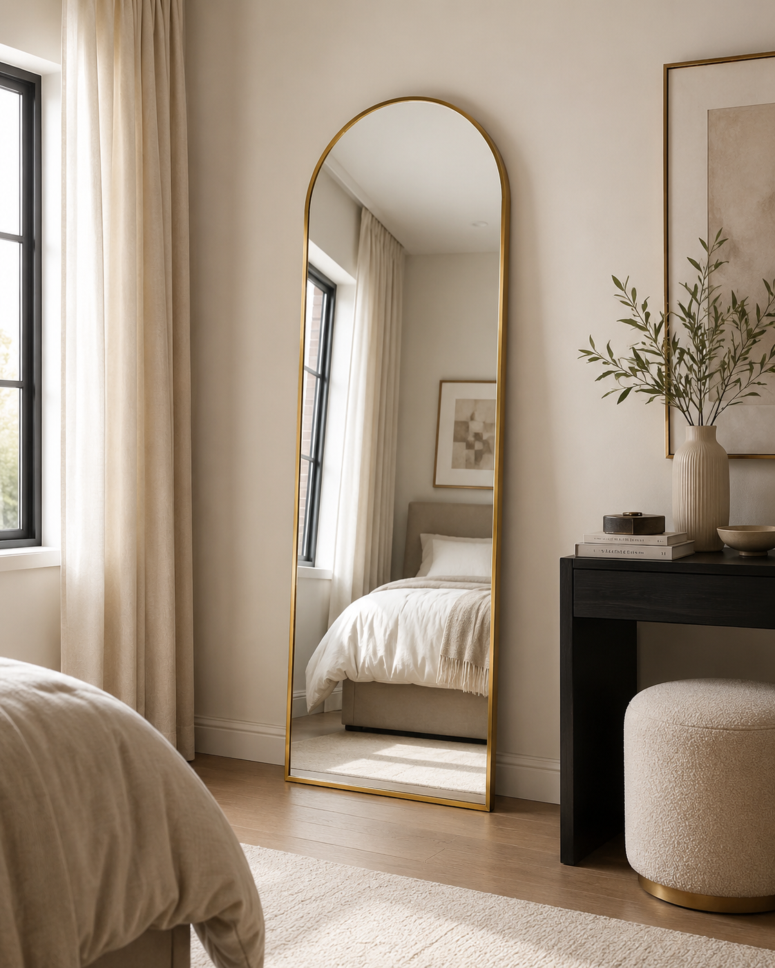 gold arched mirror in bedroom across from bed and next to console table