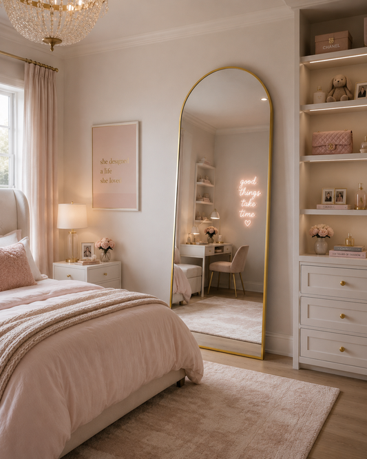 gold arched mirror in girl's room leaning agains wall across from the bed