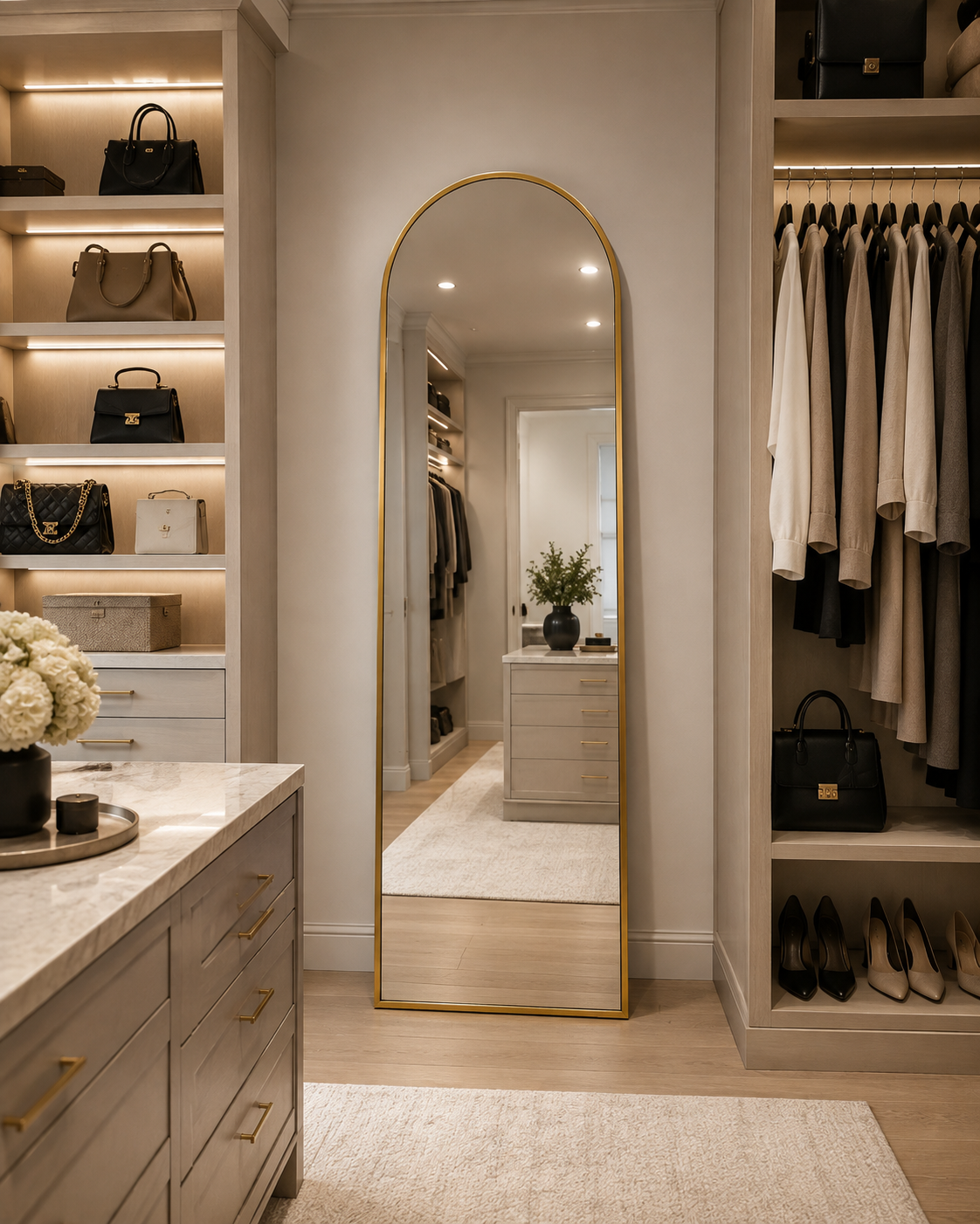 gold arched mirror in a luxury closet across from closet island
