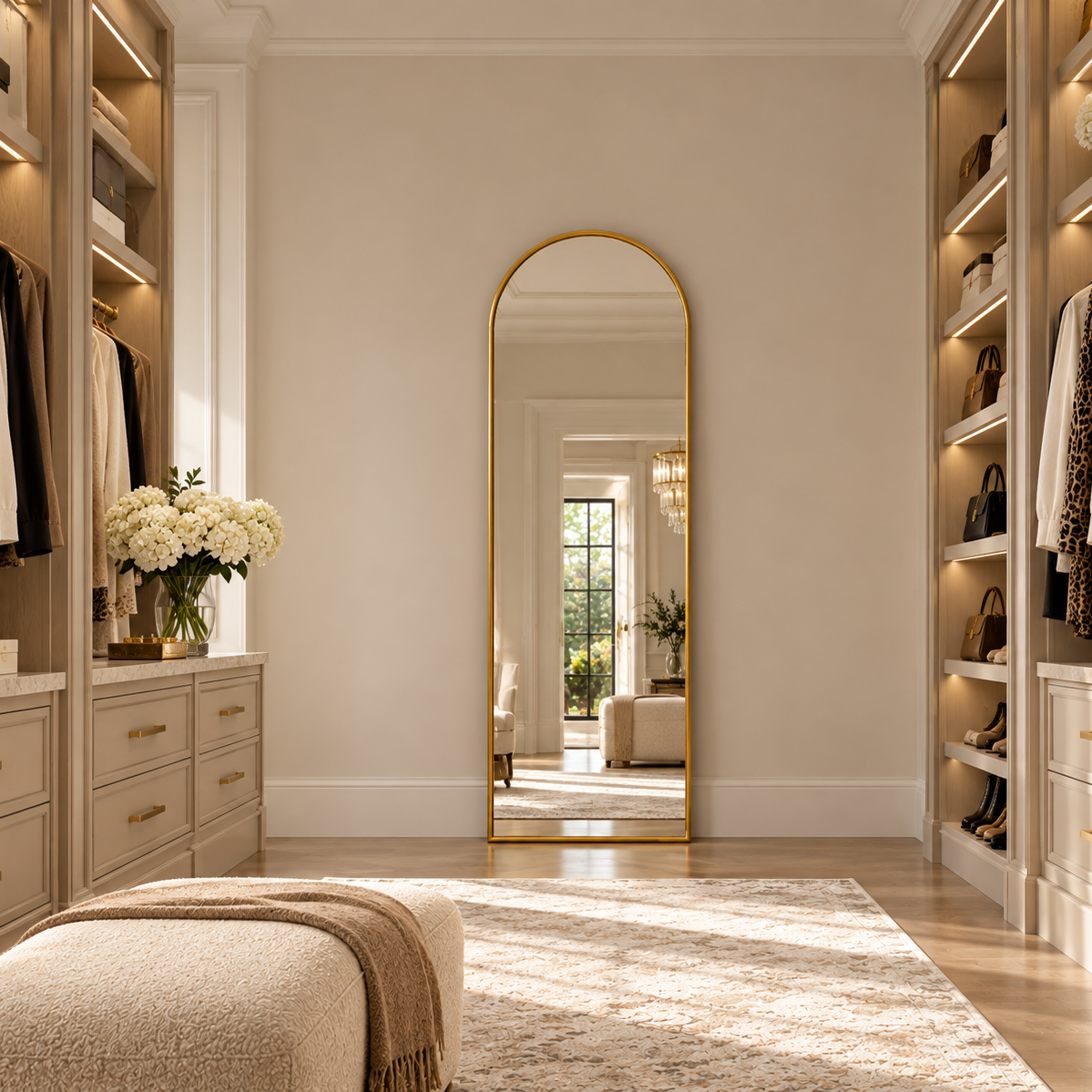 Gold arched mirror styled as a full-length floor mirror in a walk-in closet