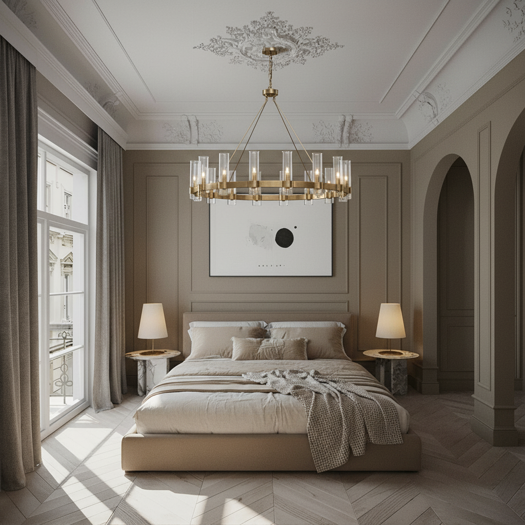gold chandelier hanging from bedroom ceiling over a bed with a blanket on it