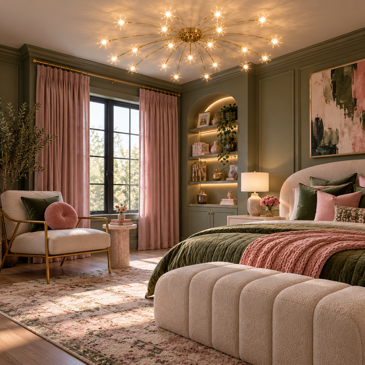 A styled bedroom interior with a large upholstered bed, pink and green bedding, a matching armchair by a window, a tufted bench at the foot of the bed, shelving, and a glowing multi-arm chandelier. The room has muted sage green walls and pink curtains.