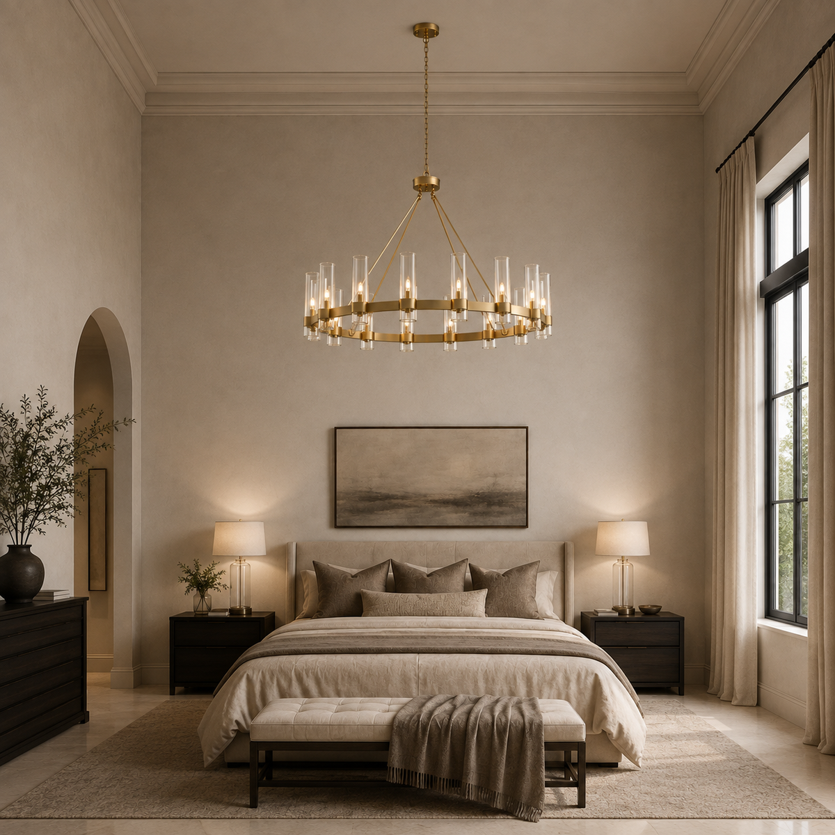 A modern gold chandelier with clear crystal candle-style bulbs hangs over a neatly made bed in a beautifully styled, warm-toned bedroom with beige walls, matching nightstands, and a tufted bench.