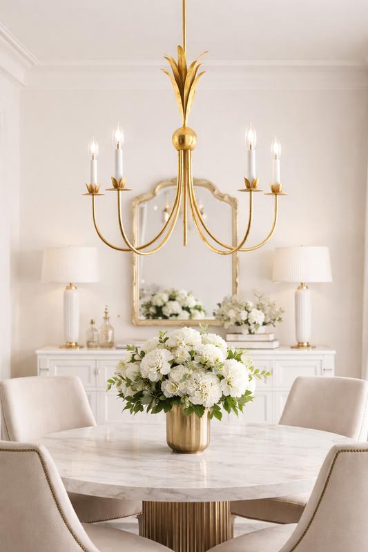 gold chandelier in dining room over a round dining table